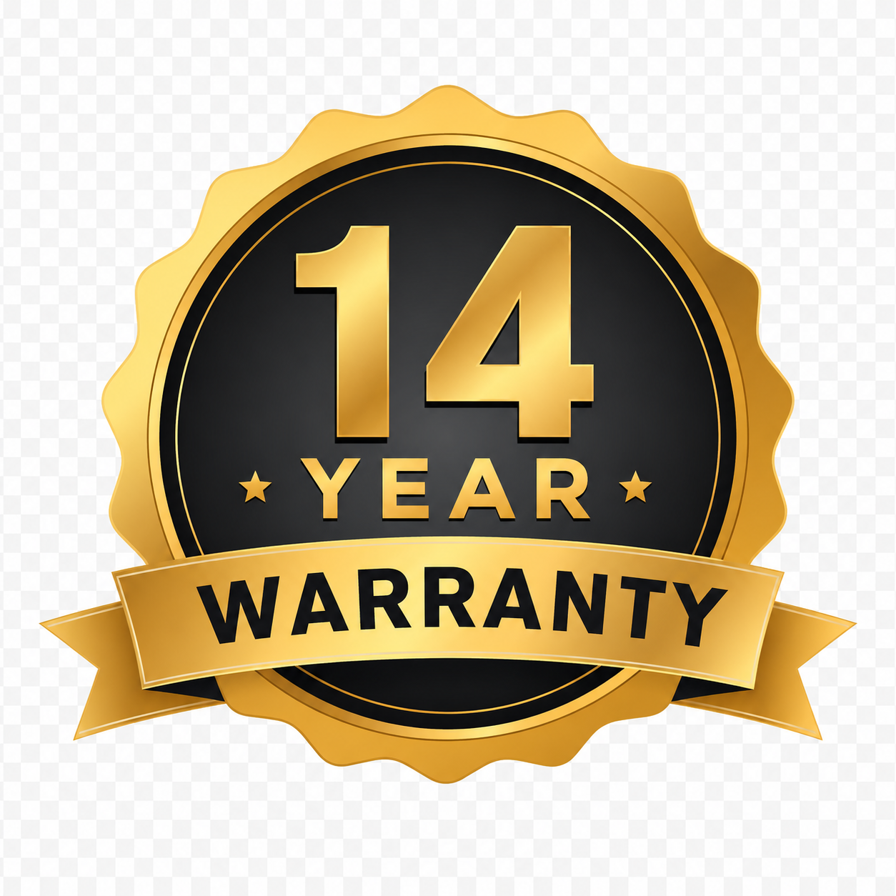 A gold and black 14-year warranty badge with a ribbon banner reading 'WARRANTY' on a transparent checkered background.