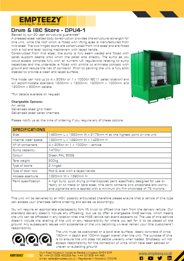 Steel Bunded IBC Storage Unit - Single IBC or 4 Drum Storage Cabinet