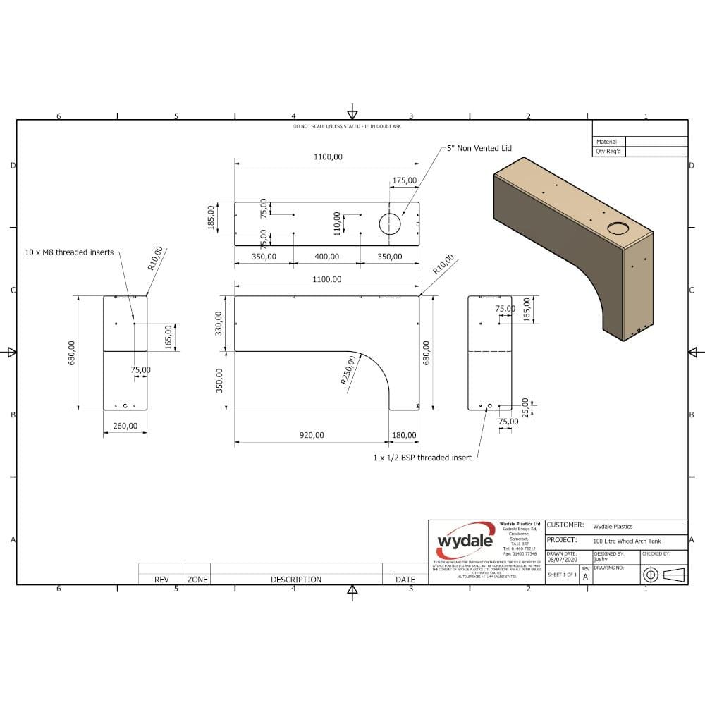 Wydale 100 Litre Wheel Arch Water Tank Technical Drawing