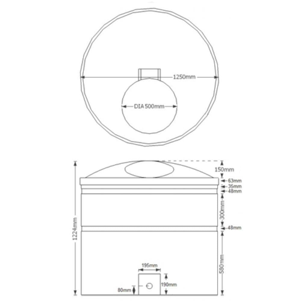 1300 Litre Potable Water Tank Technical Drawing