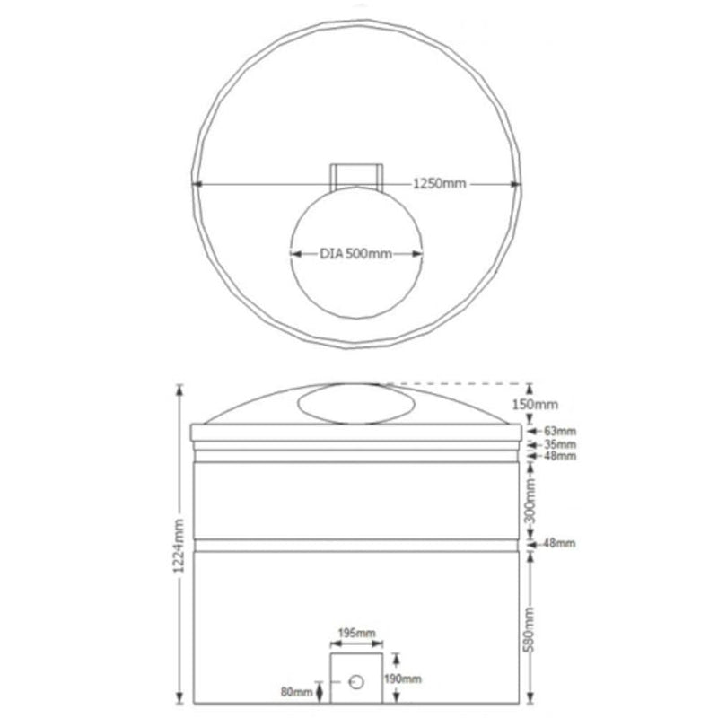 1300 Litre Potable Water Tank Technical Drawing