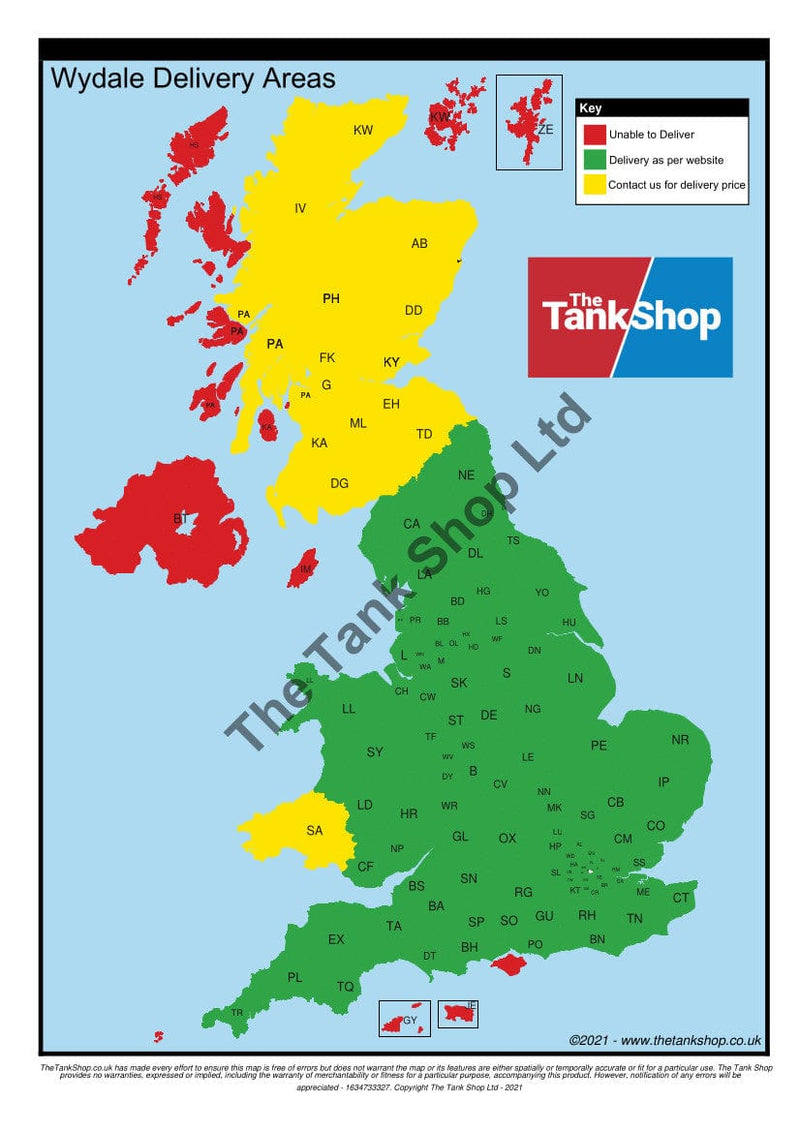 Wydale 100 Litre Wheel Arch Water Tank Delivery Map